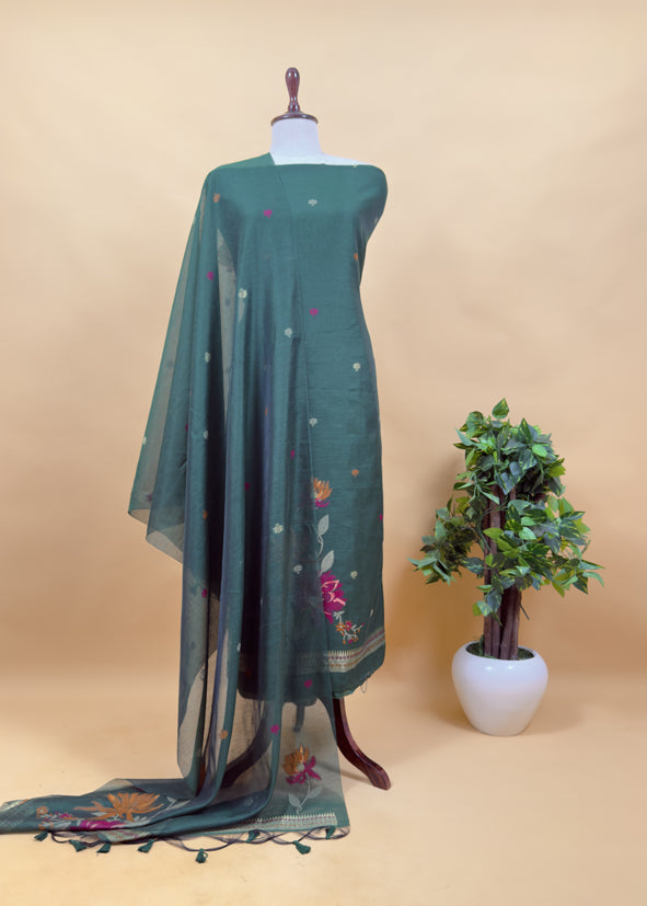 Teal Linen Chanderi Suit Fabric With Phoolo Ki Jamdani Weaving