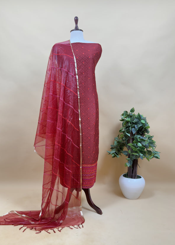 Smoky Black Pure Jacquard Silk Kurta and Pure organza dupatta with Cross stitch embroidery