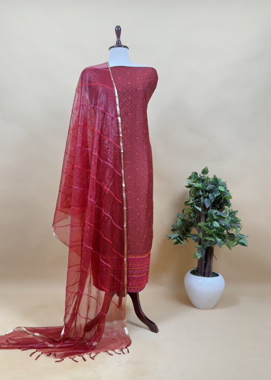 Deep Red Pure Jacquard Silk Kurta and Pure organza dupatta with Cross stitch embroidery