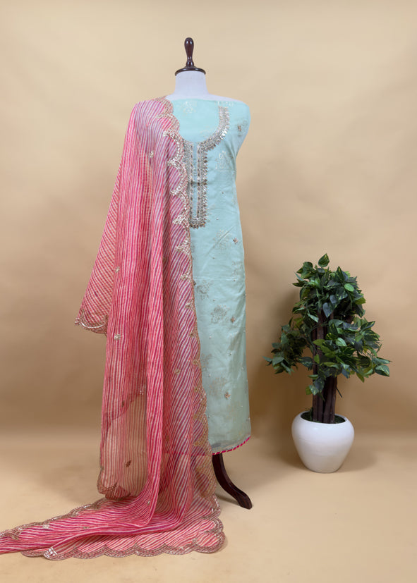 Yellow Pure Organza Kurta and Leheriya dupatta with Gotapatti handwork and Foil print