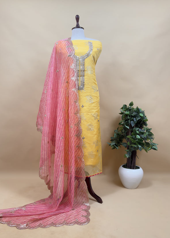 Yellow Pure Organza Kurta and Leheriya dupatta with Gotapatti handwork and Foil print