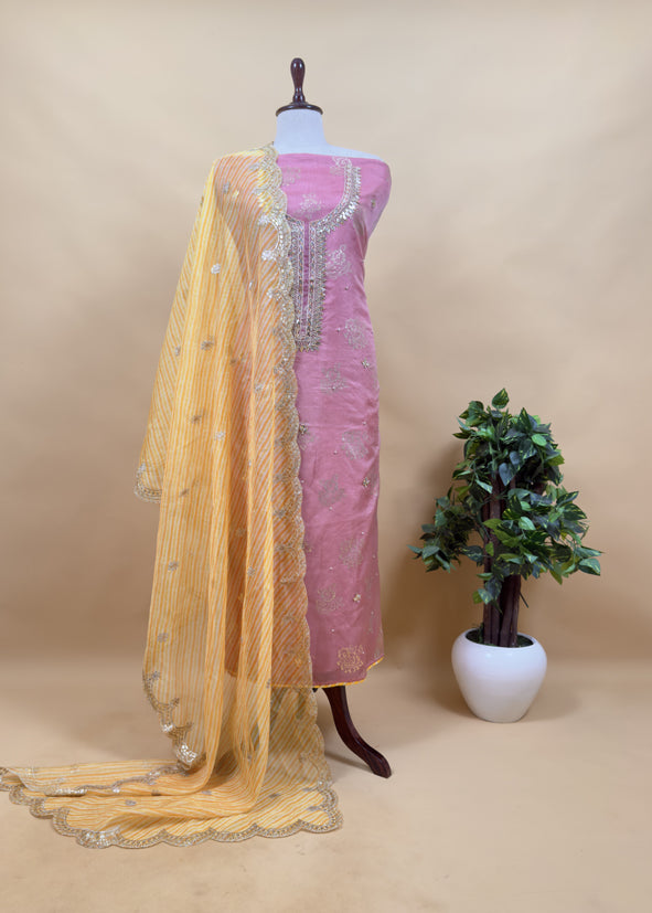 Yellow Pure Organza Kurta and Leheriya dupatta with Gotapatti handwork and Foil print
