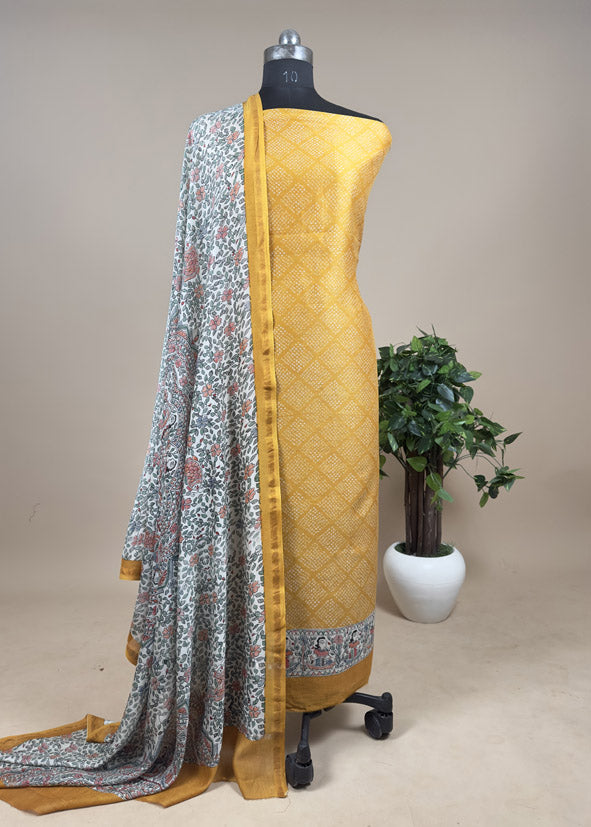 Red Bandhani Suit In Maheshwari With Madhubani Dupatta