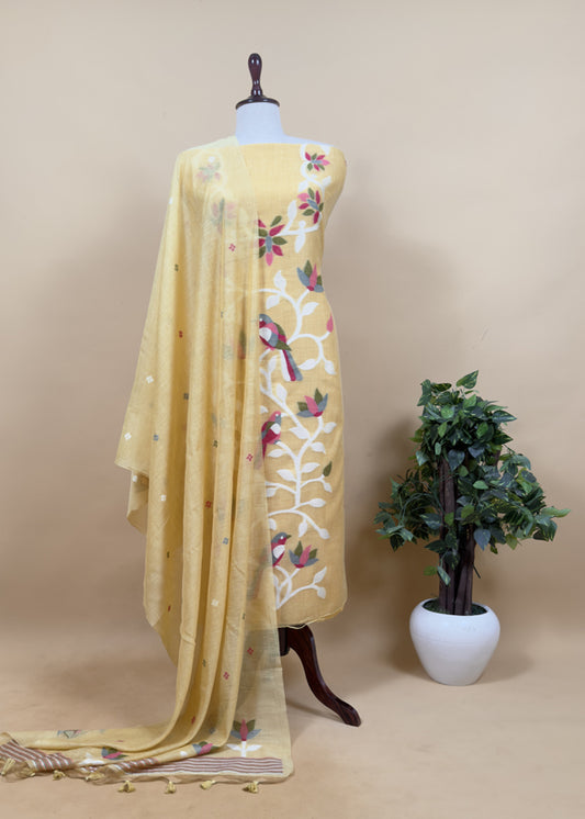 Medallion Yellow Chidiya Jamdani Suit In Linen Chanderi Fabric