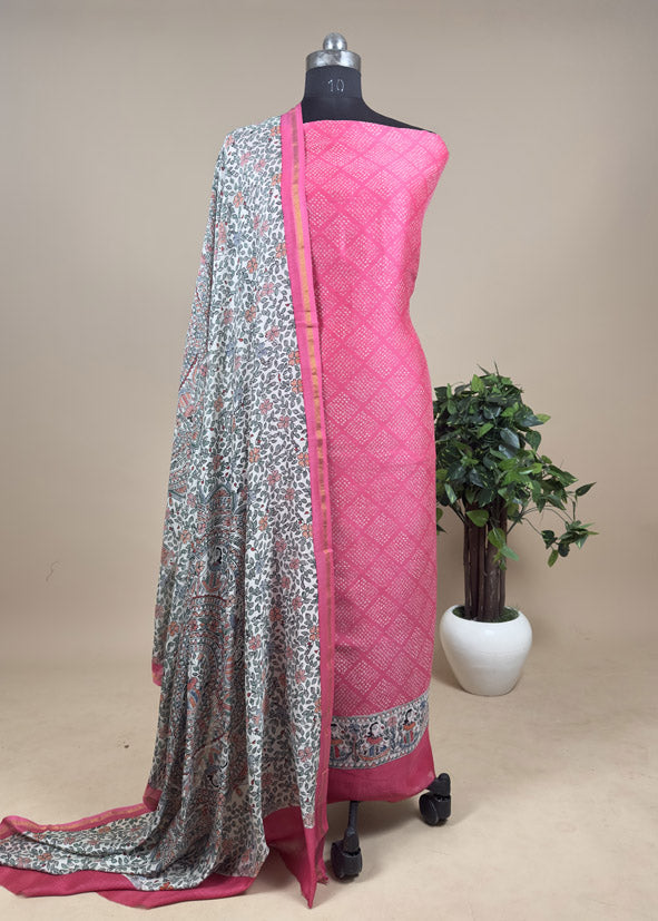 Red Bandhani Suit In Maheshwari With Madhubani Dupatta