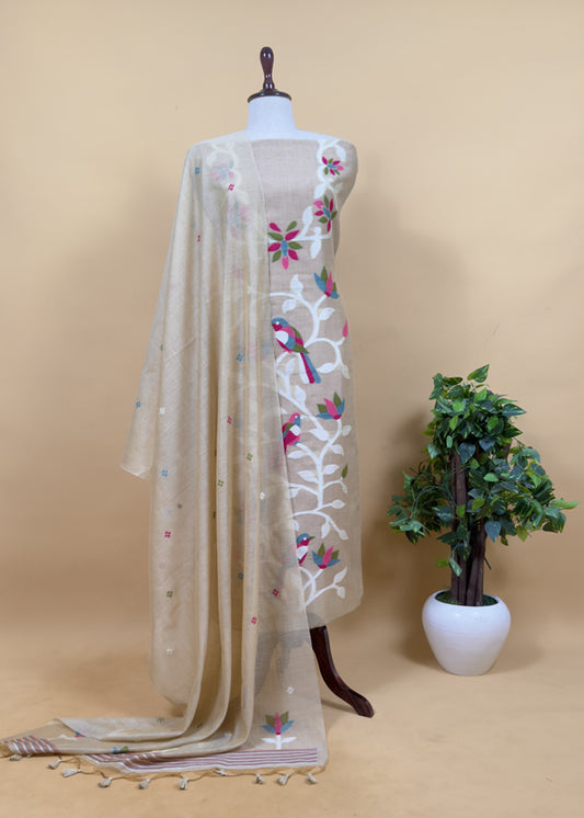 Khaki Beige Chidiya Jamdani Suit in Linen Chanderi Fabric
