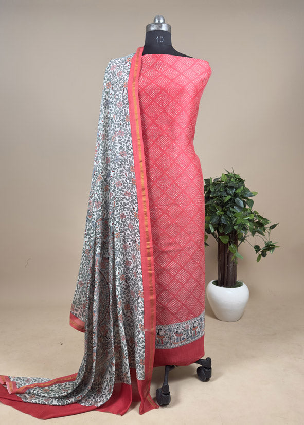 Red Bandhani Suit In Maheshwari With Madhubani Dupatta