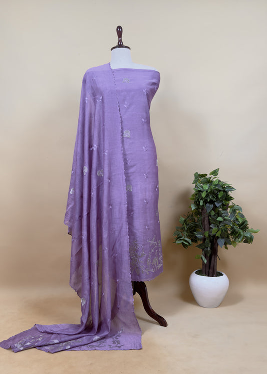 Mauve Pure Mul Chanderi Suit With Tissue Applique Work