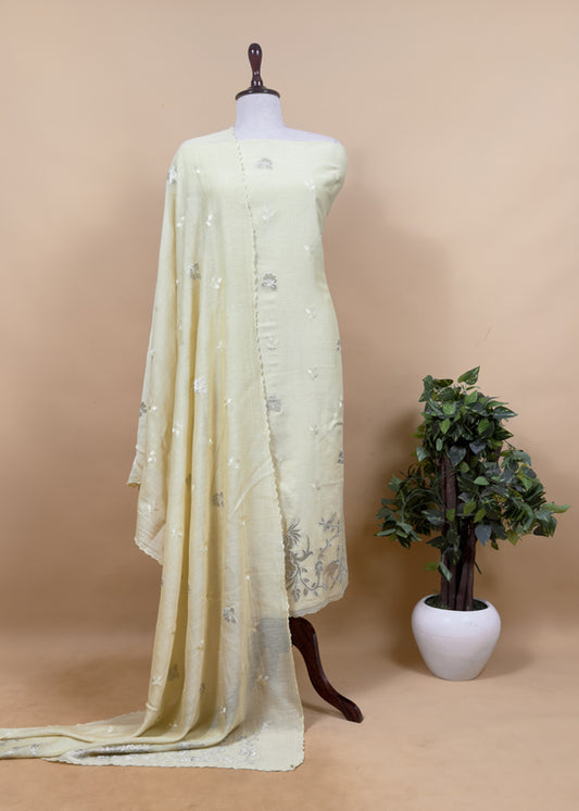 Lime Yellow Pure Mul Chanderi Suit With Tissue Applique Work