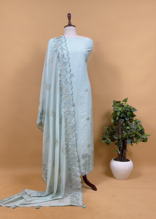 Powder Blue Mul Cotton Suit With Lotus Appliqué Work