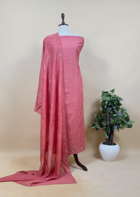 Desire Red Chikankari Embroidered Mul Cotton Unstitched Suit Fabric