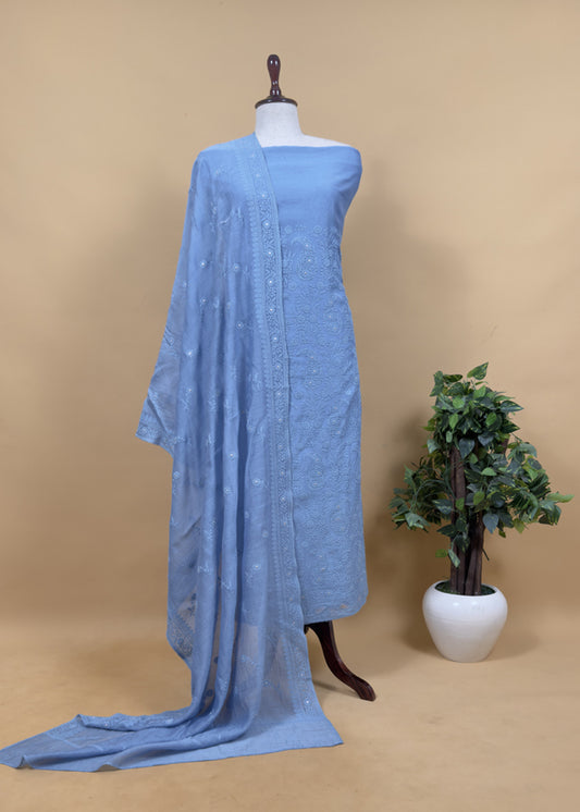 Steel Blue Chikankari Embroidered Mul Cotton Unstitched Suit Fabric