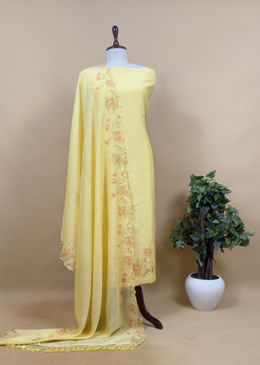 Lemon Yellow Pure Mul Chanderi Suit With Mirror Embroidery