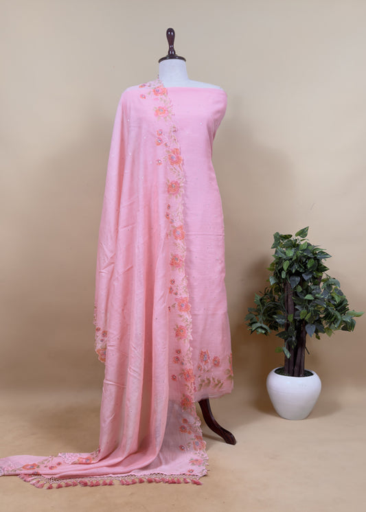 Salmon Pink Pure Mul Chanderi Suit With Mirror Embroidery