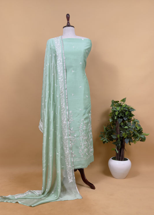 Mint Green Chidiya Embroidered Unstitched Suit In Pure Organza