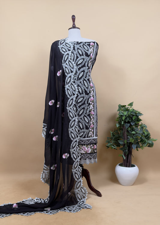 Black Feathers Pure Organza Pakistani Style Suit With Appliqué Work And Resham Embroidery