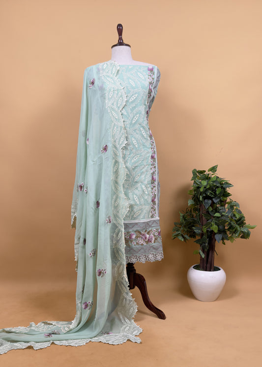 Sky Blue Feathers Pure Organza Pakistani Style Suit With Appliqué Work And Resham Embroidery