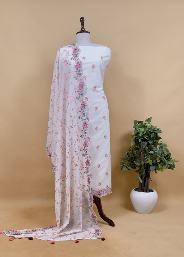 Off-White With Brown Pure Mul Banarasi Cotton Suit With Resham Embroidery