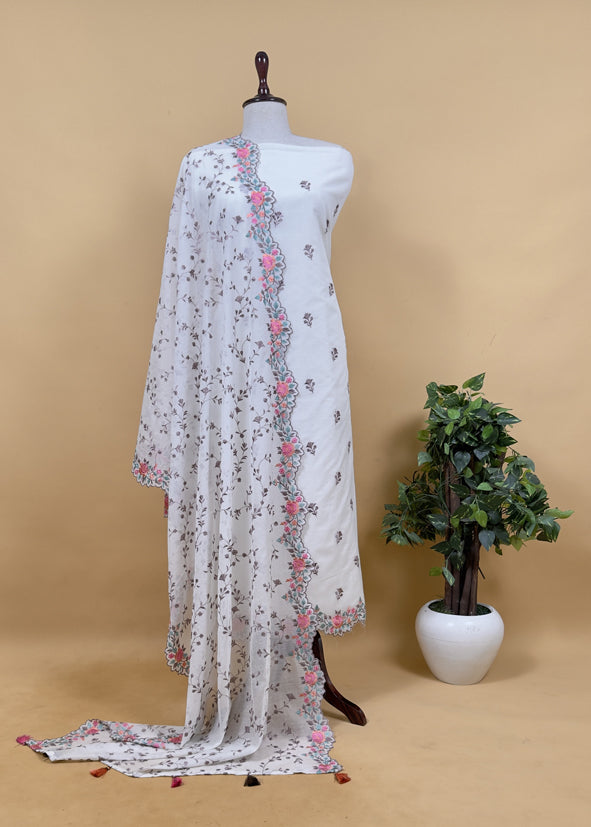 Off-White With Gajri Pure Mul Banarasi Cotton Suit With Resham Embroidery