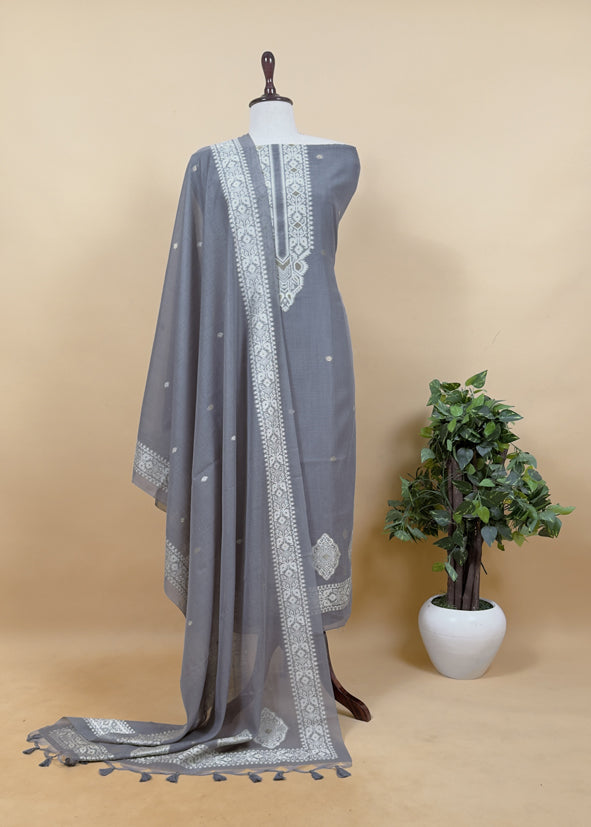 Gray Linen Chanderi Unstitched Suit With Jamdani Weaving