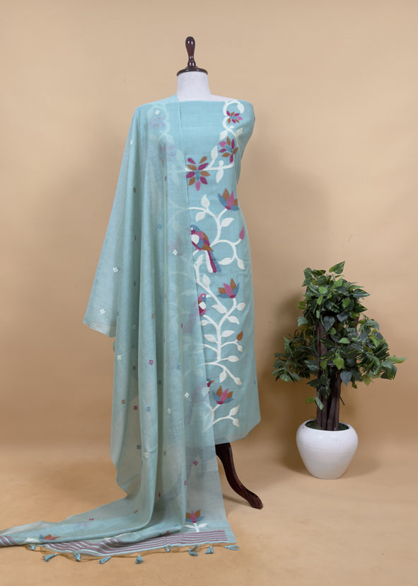 Pickle Green Chidiya Jamdani Suit In Linen Chanderi Fabric