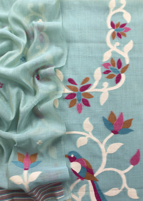 Turquoise Chidiya Jamdani Suit In Linen Chanderi Fabric
