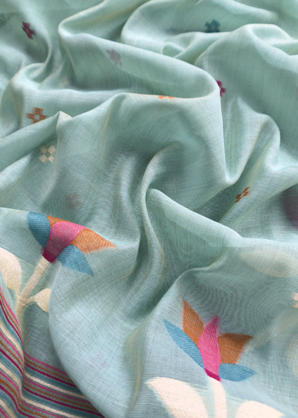Turquoise Chidiya Jamdani Suit In Linen Chanderi Fabric