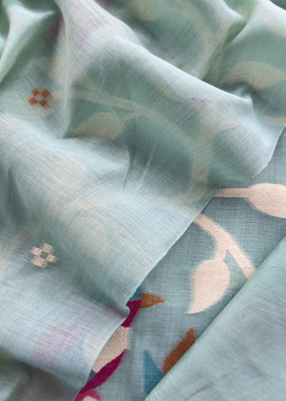 Turquoise Chidiya Jamdani Suit In Linen Chanderi Fabric