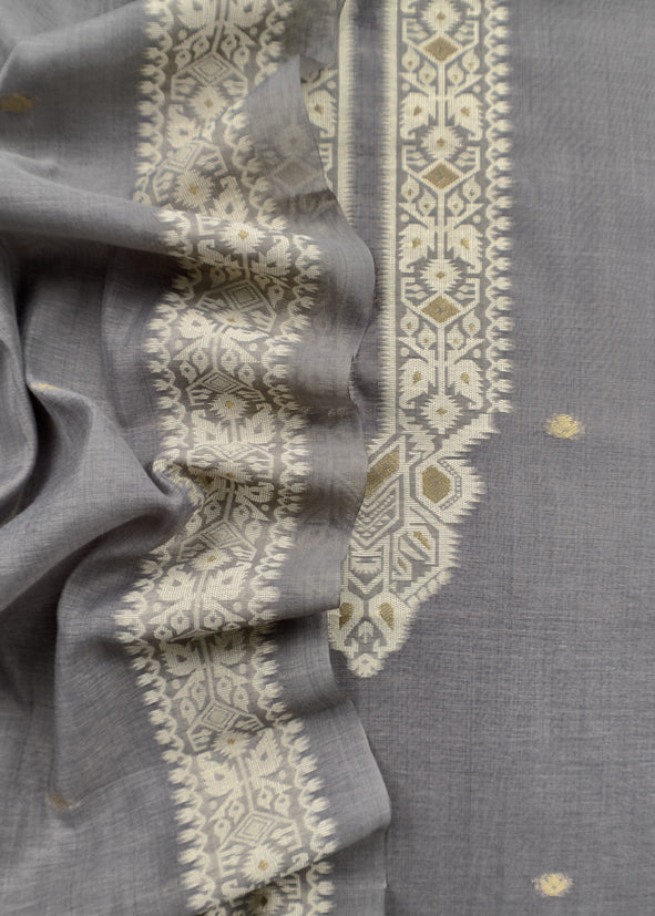 Gray Linen Chanderi Unstitched Suit With Jamdani Weaving