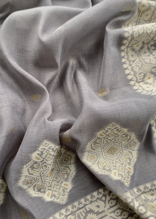 Gray Linen Chanderi Unstitched Suit With Jamdani Weaving