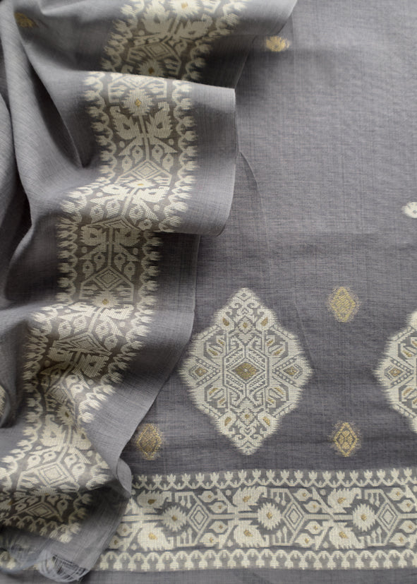 Gray Linen Chanderi Unstitched Suit With Jamdani Weaving