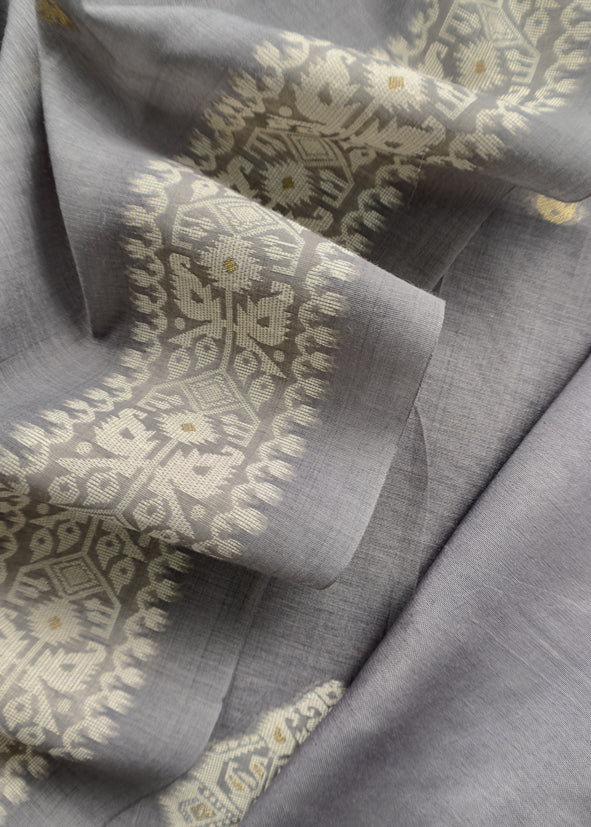 Gray Linen Chanderi Unstitched Suit With Jamdani Weaving