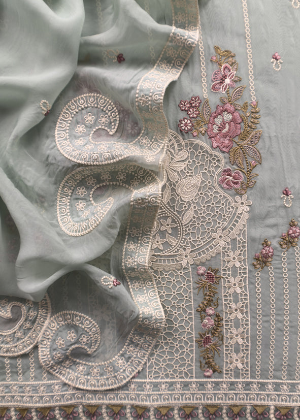 Powder Blue Pakistani Pure Organza Silk Suit With Dupatta