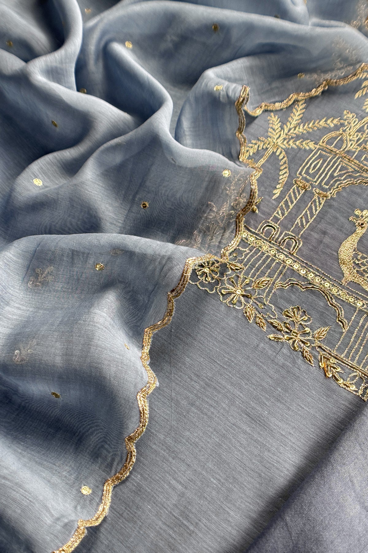 Steel Blue Handloom Mulmul Suit With Thread Embroidery
