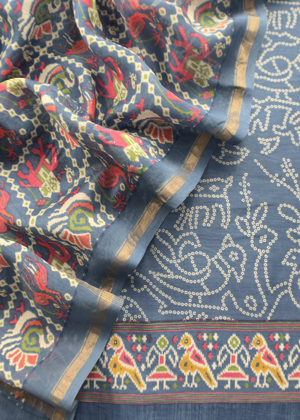 Blue Maheshwari Silk Unstitched Suit With Bandhani And Patola Print