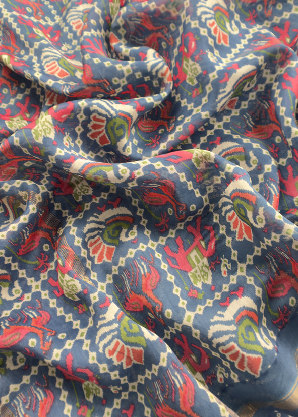 Blue Maheshwari Silk Unstitched Suit With Bandhani And Patola Print