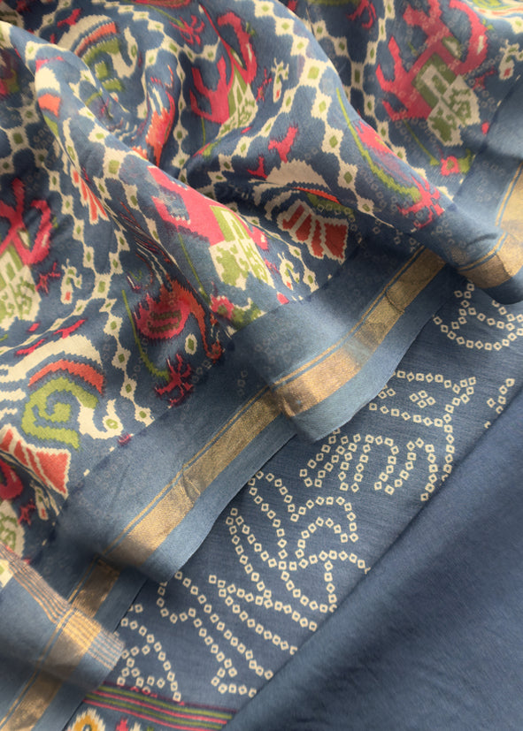 Blue Maheshwari Silk Unstitched Suit With Bandhani And Patola Print