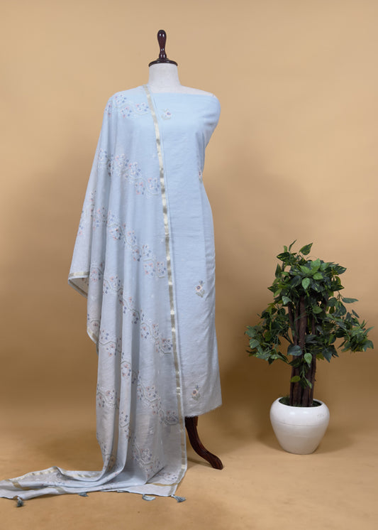 Pastel Blue Pure Mul Cotton Suit With Cross Stitch Embroidery