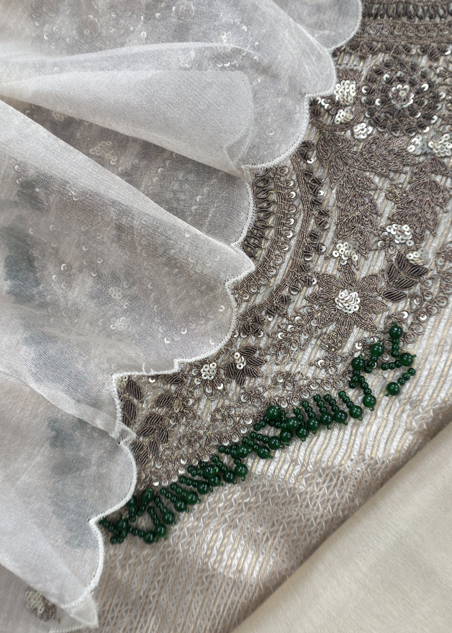 Champagne Beige Handloom Tissue silk kurta and Tissue Silk Dupatta with Dori Dabka handwork