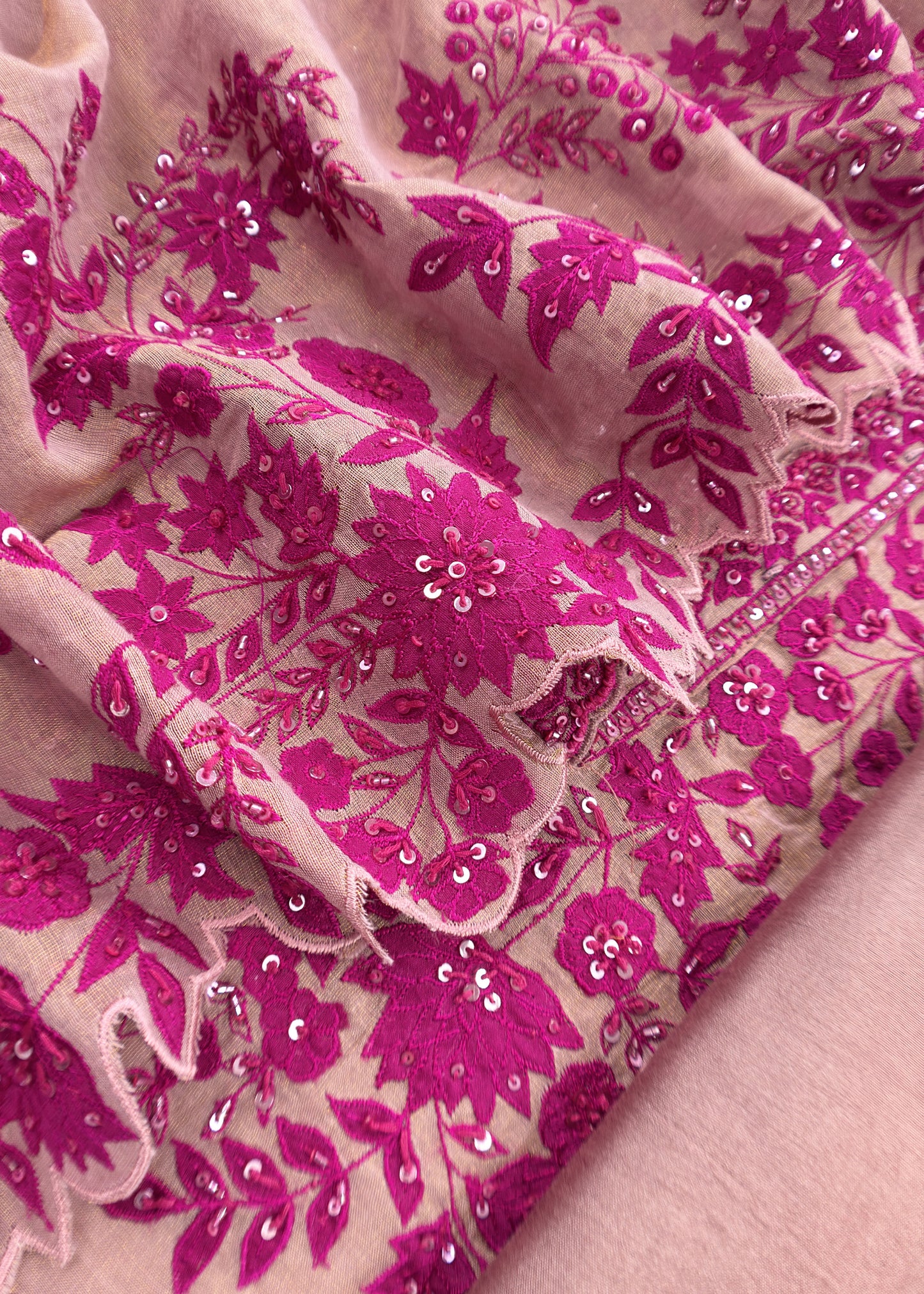 Dusty Candy Pink Tissue Silk Suit Fabric With Appliqué Flowers And Handwor