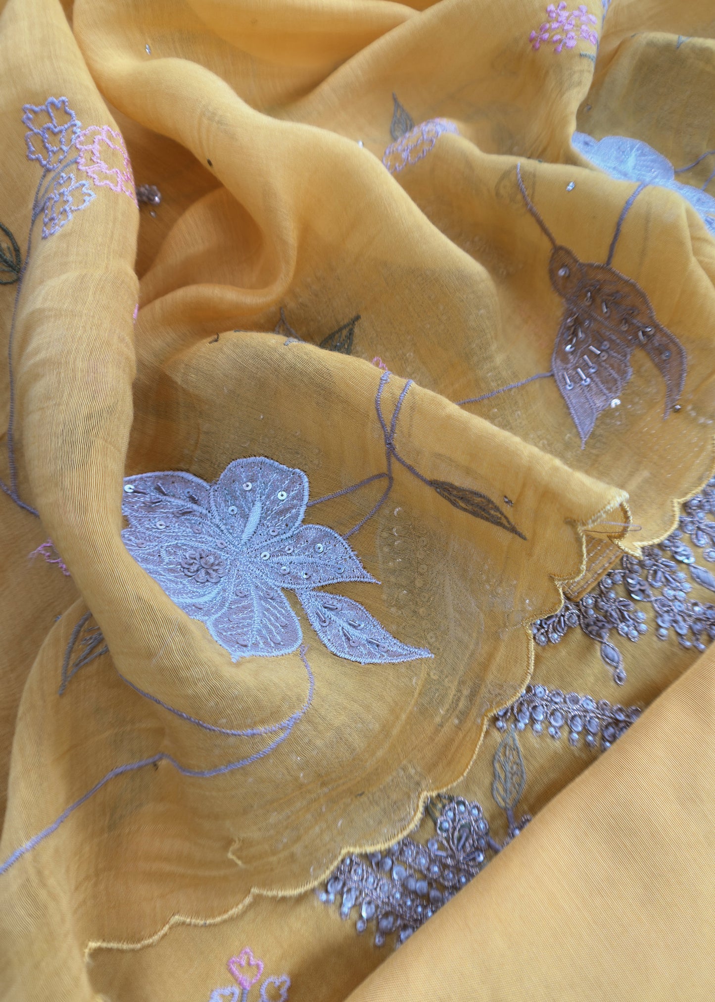 Mango Yellow Pure Silk Suit with Floral Embroidery and Handwork