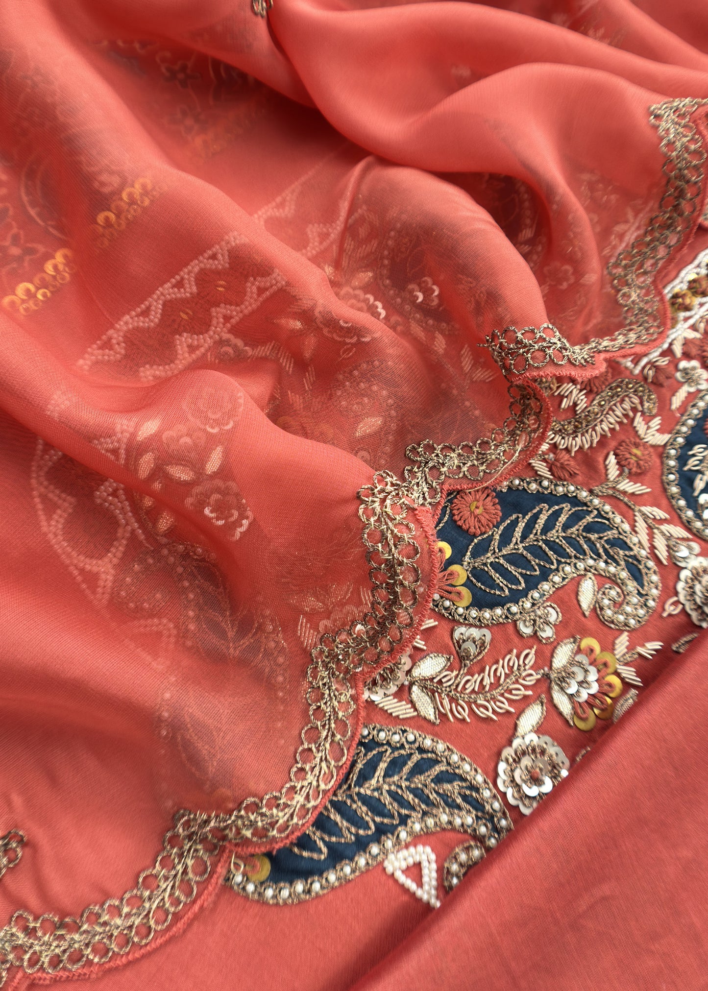 Kesari Rust Ajrakh Handloom Silk kurta and Kora silk Dupatta With Handwork