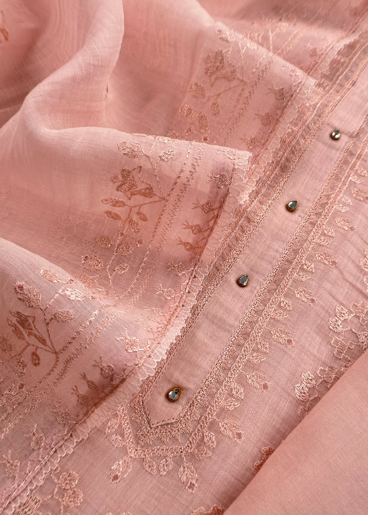 Pink Pure Mulmul Suit With Resham Thread Embroidery