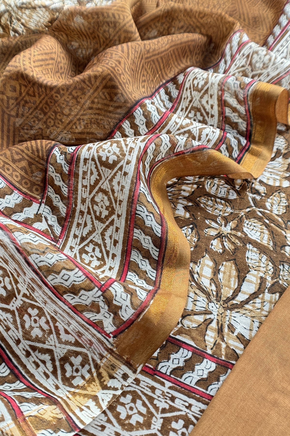 Brown Pure Maheshwari Silk Suit With Hand-block Print