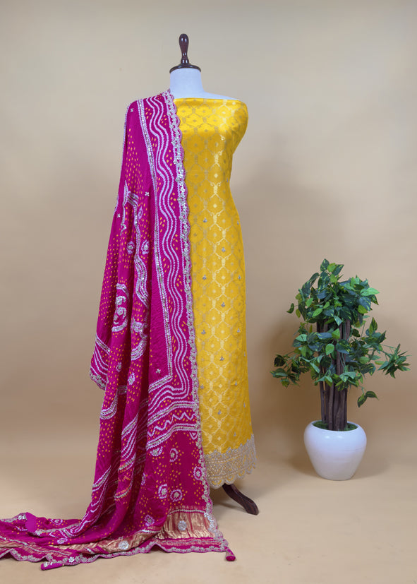 Rangreza Bandhani Yellow and Rani Pink Handloom Gajji Silk Suit with Weaving and Gotta Patti Handwork