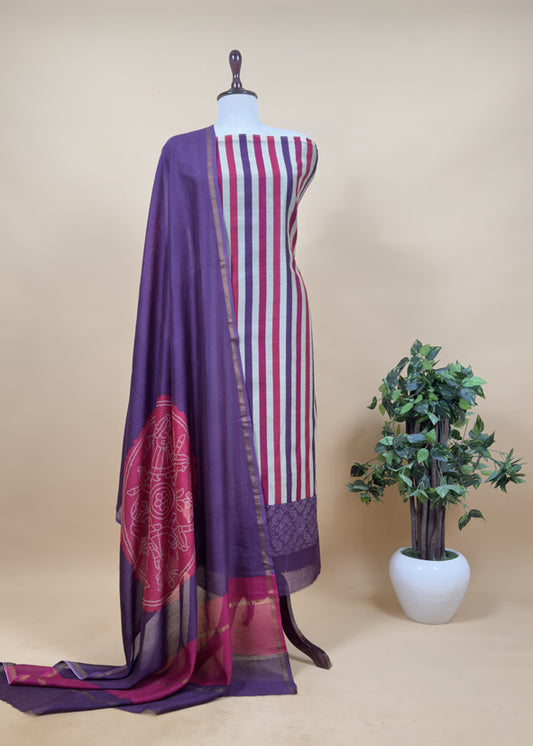Mauve Purple Maheshwari Silk Suit With Traditional Bandhej Patola Print Dupatta