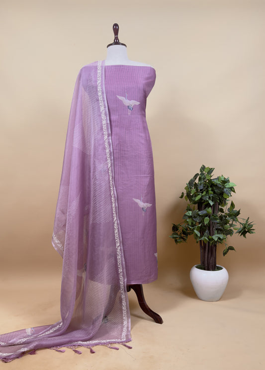 Mauve Pure Organza Silk Suit With Bandhani Print Dupatta