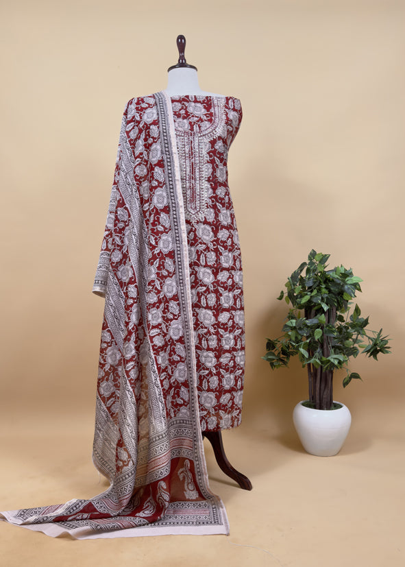 Maroon Sanganeri Hand-Blocked Kalamkari Suit With Gota Patti Embroidery