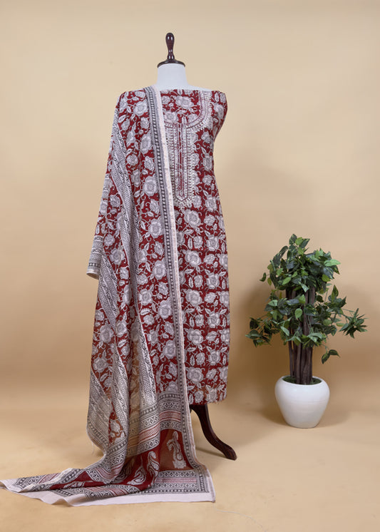 Maroon Sanganeri Hand-Blocked Kalamkari Suit With Gota Patti Embroidery