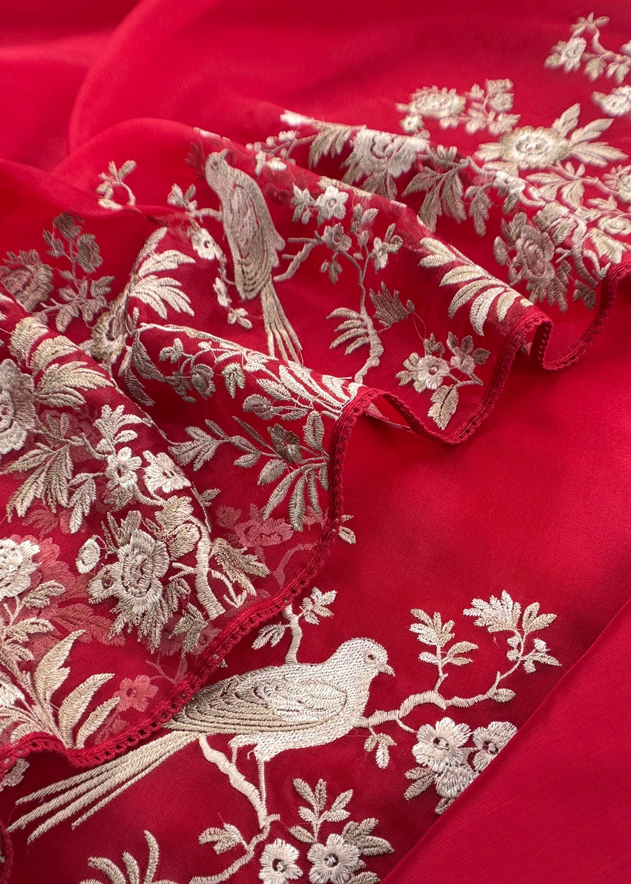 Red Handloom Kora Silk Suit With Parsi Embroidery